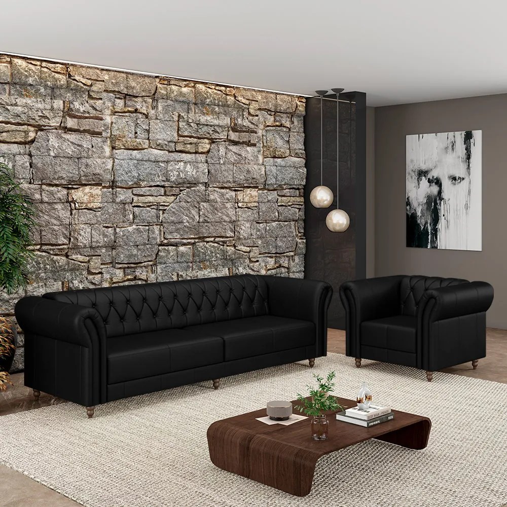 Conjunto Sala de Estar 1 Sofá Living 240cm e 1 Poltrona Stanford Chesterfield Pés Madeira Couro Preto Brilho G58 - Gran Belo