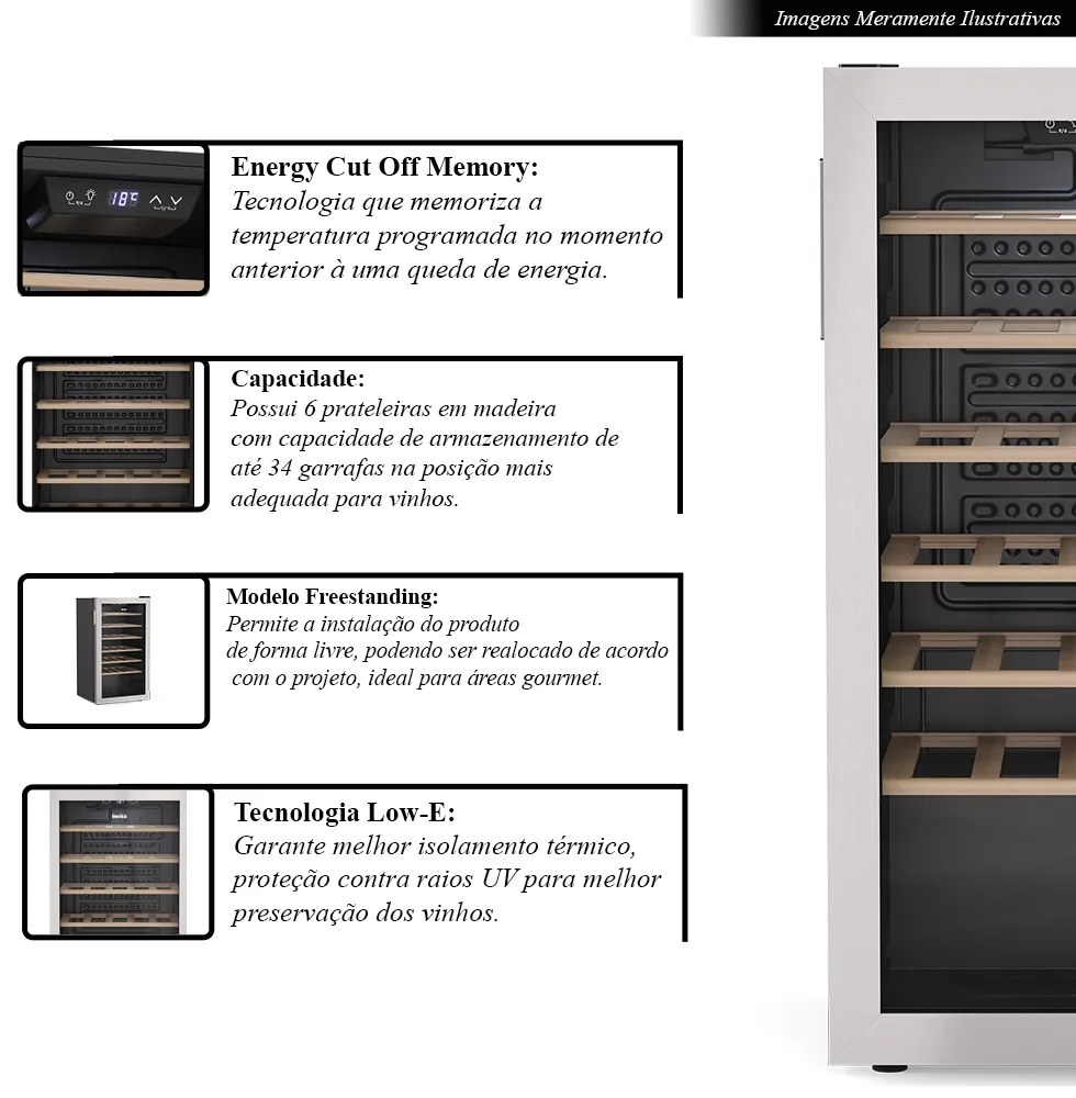 Conjunto Beer Center de 85lts Auto Defrost 127v e Adega Freestanding  para 34 Garrafas de Vinho Low-E 127v Inoxidáveis G80 - INVITA