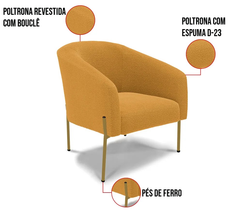 Sofá Namoradeira e Poltrona Pé Ferro Dourado Stella Bouclê D03 - D'Rossi - Mostarda