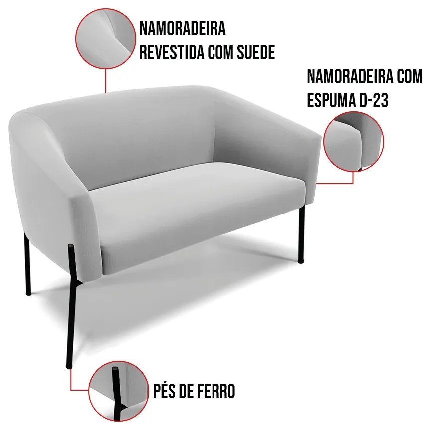Sofá 2 Lugares Namoradeira Pé de Ferro Preto Stella Suede D03 - D'Rossi - Cinza