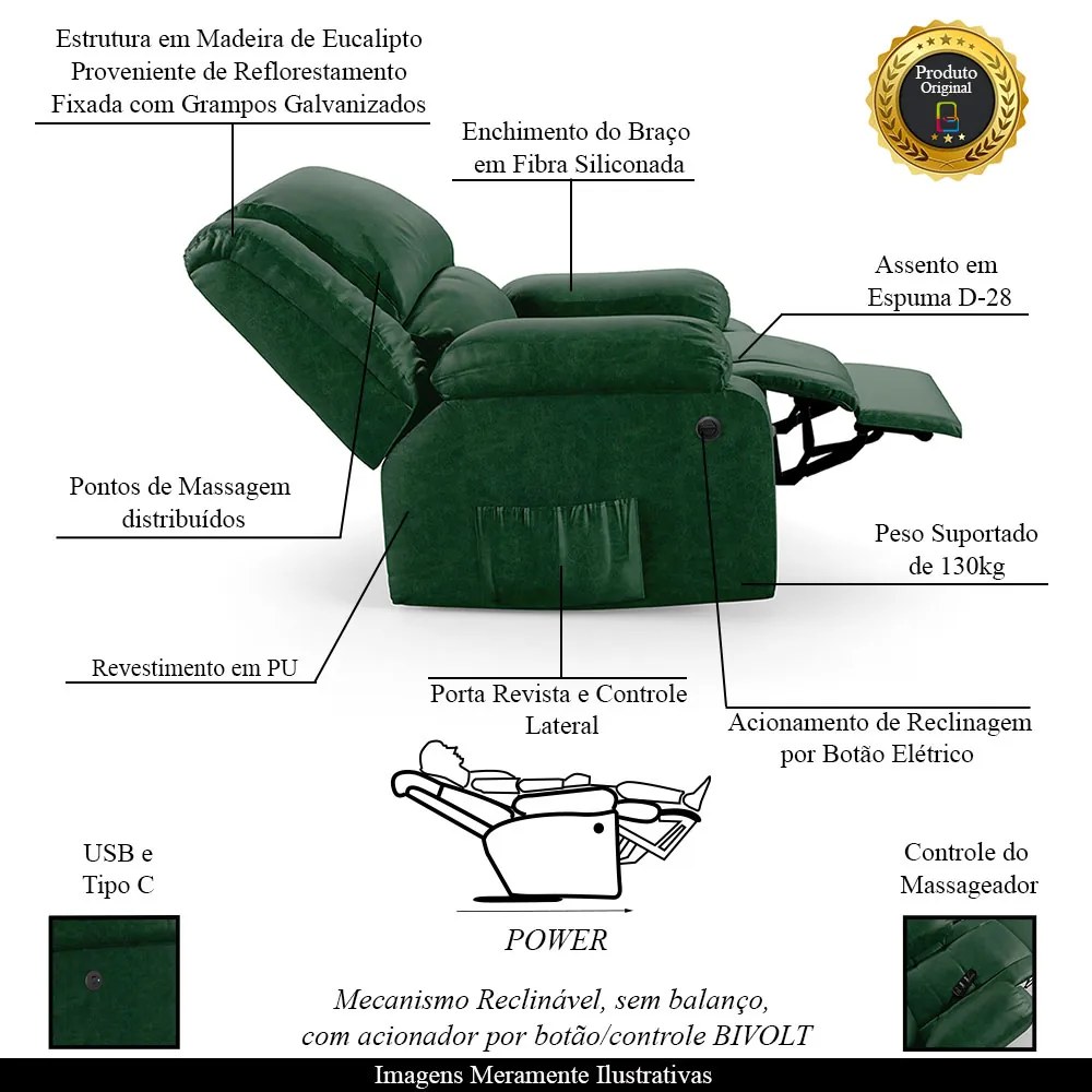 Poltrona do Papai Reclinável Melim Elétrica LED Massagem PU FH1 - D'Rossi - Verde