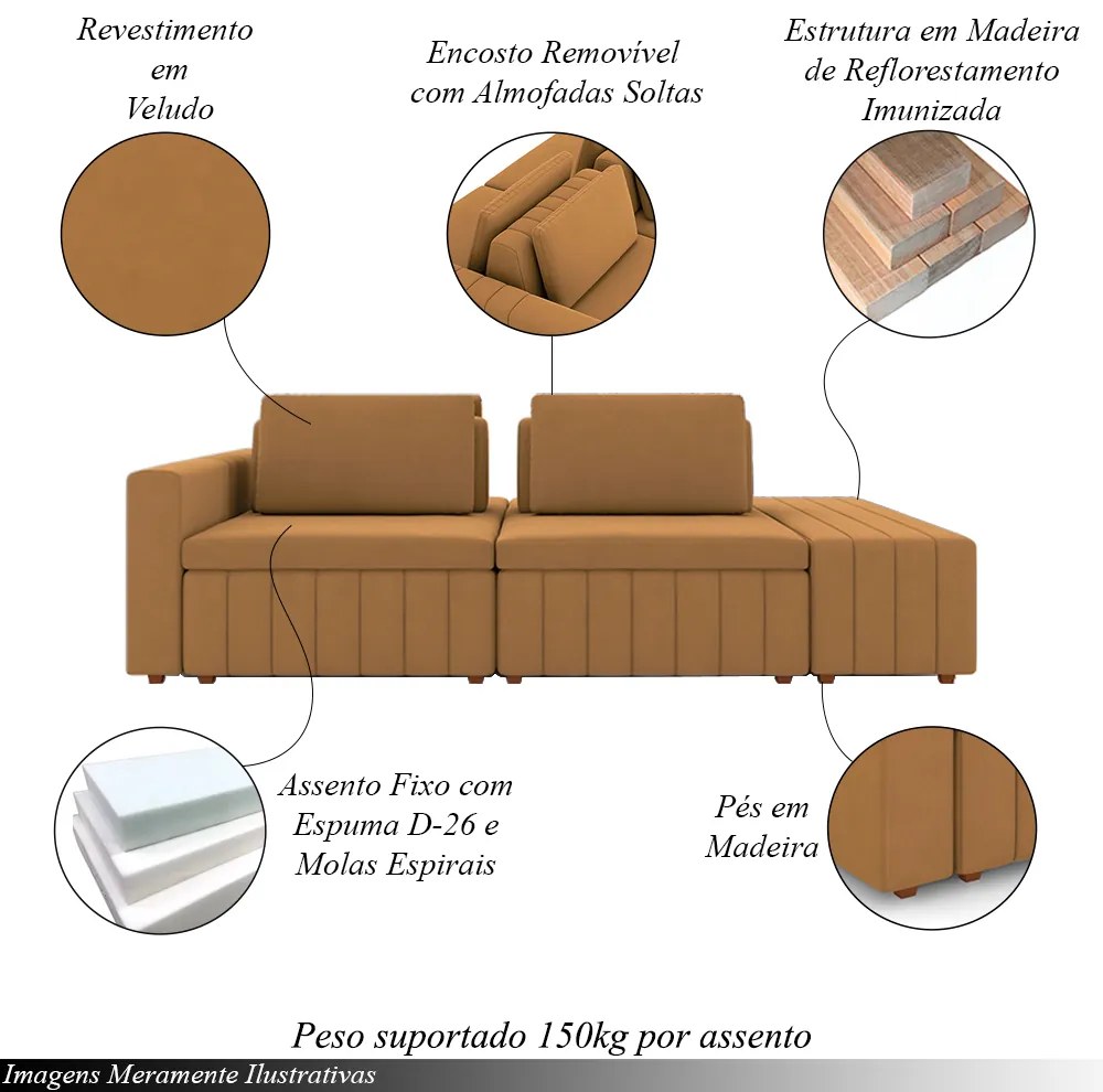 Sofá Ilha com Encosto e Almofadas Móveis Olimpo 265cm Modulado Veludo Terracota G45 - Gran Belo