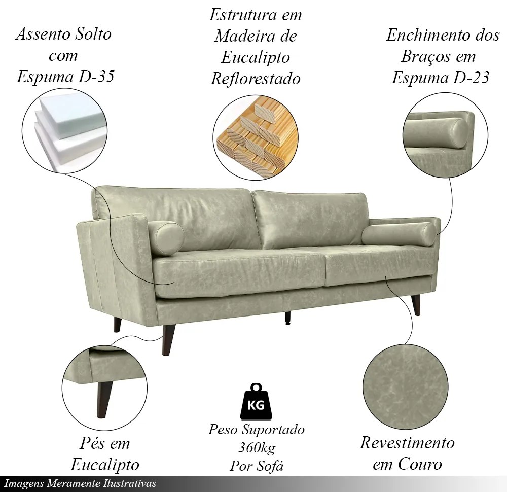 Sofá Decorativo Daemon 3 Lugares Sala de estar 212cm Pés em Eucalipto Couro Cinza Manchado G40 - Gran Belo