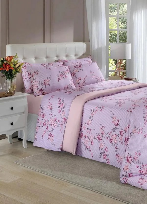 Jogo de Cama Floral Lilás Queen 4 Peças