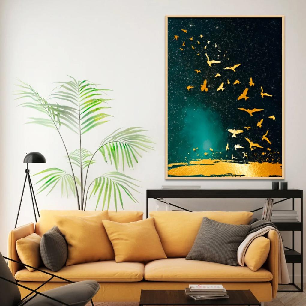 Quadro 67x50cm Izar Pássaros Dourados Moldura Natural com vidro