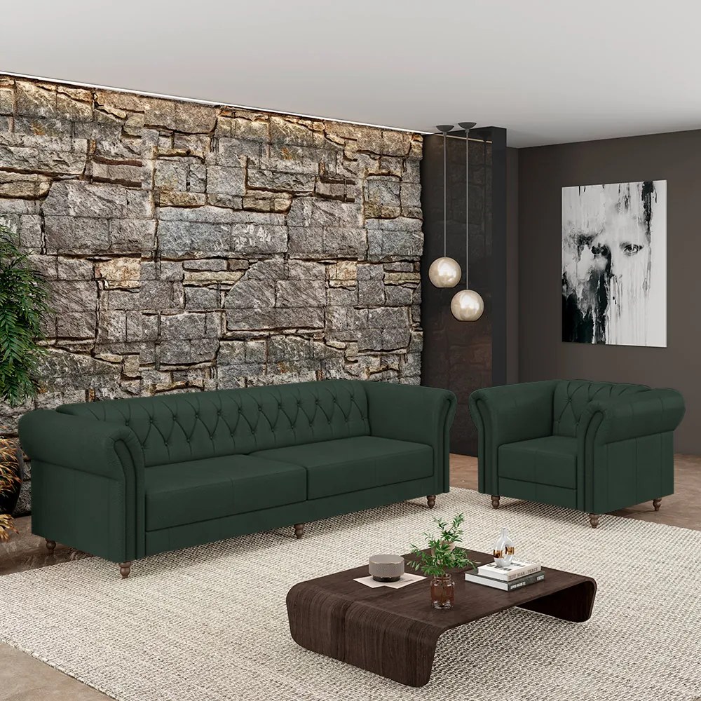 Conjunto Sala de Estar 1 Sofá Living 240cm e 1 Poltrona Stanford Chesterfield Pés Madeira Couro Verde G58 - Gran Belo