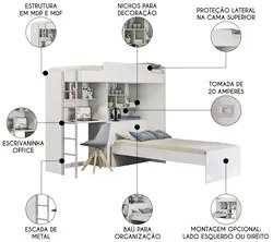 Beliche Solteiro Juvenil com Office e Nichos Concept S01 Branco - Mpoz