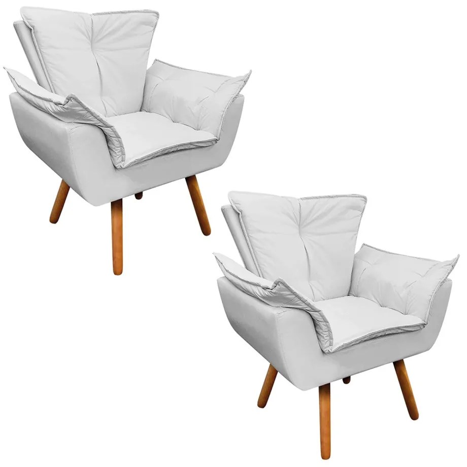 Poltrona Sala de Estar Pé Palito de Madeira Kit 2 Opala Corino D03 - D'Rossi - Branco
