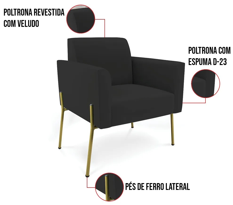 Poltrona Pé de Ferro Dourado para Salão Kit 2 Marisa Veludo D03 - D'Rossi - Preto