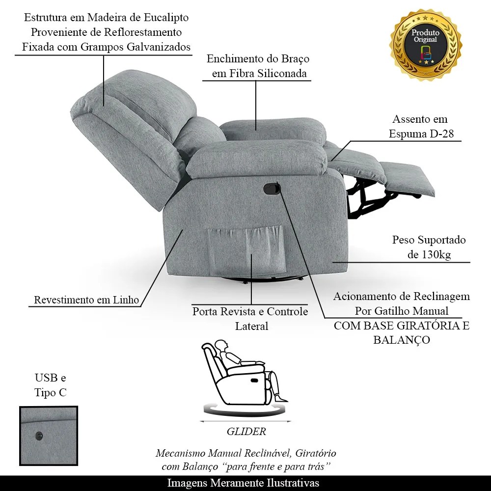 Poltrona do Papai Reclinável Sala de Cinema Madrid Glider Manual Giratória USB Linho Cinza  G23 - Gran Belo