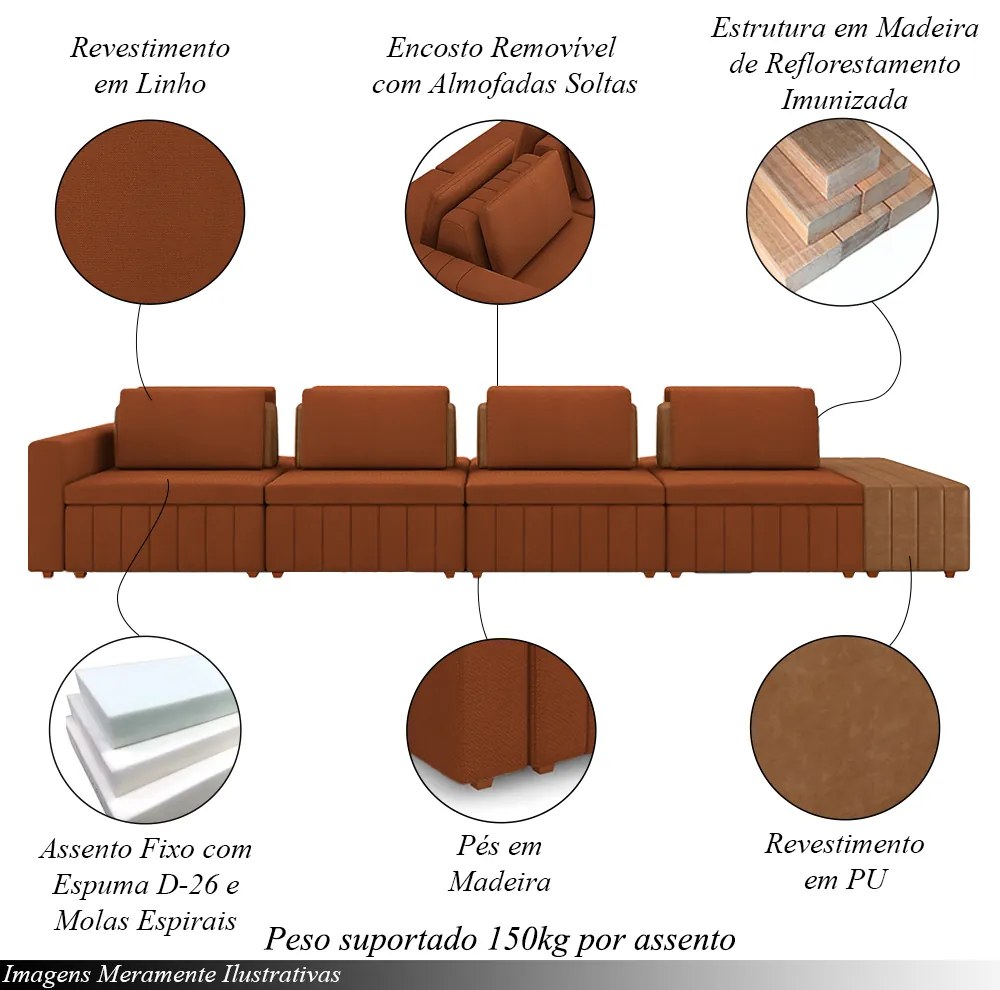 Sofá Ilha com Encosto e Almofadas Móveis Olimpo 425cm Modulado Linho/PU Terracota/Caramelo G45 - Gran Belo