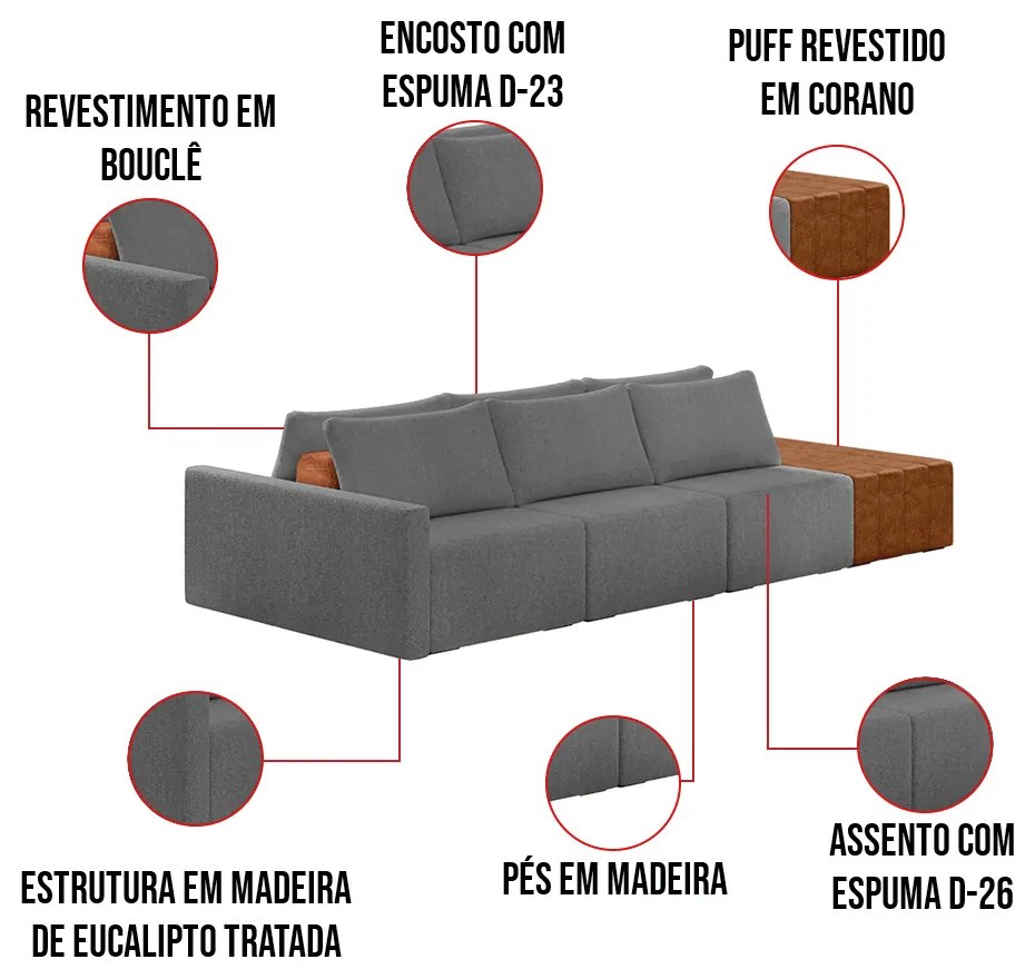 Sofá Ilha 3 Lugares Living 372cm Modulado para Sala Lary Bouclê Cinza K01 - D'Rossi