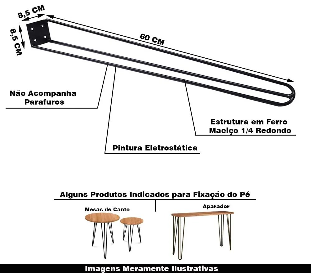 Kit 12 Pés de Metal 60 CM Hairpin Legs Mesa de Canto Aparador Preto G41