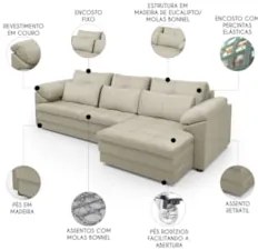 Sofá Retrátil 3 Lugares Para Sala 257cm Dijon Couro Creme S07 - Mpozen