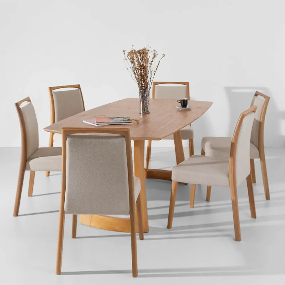 Conjunto Mesa de Jantar Lalá Carvalho Americano 1,60x90cm + 4 Cadeiras Lalá  Palha Natural