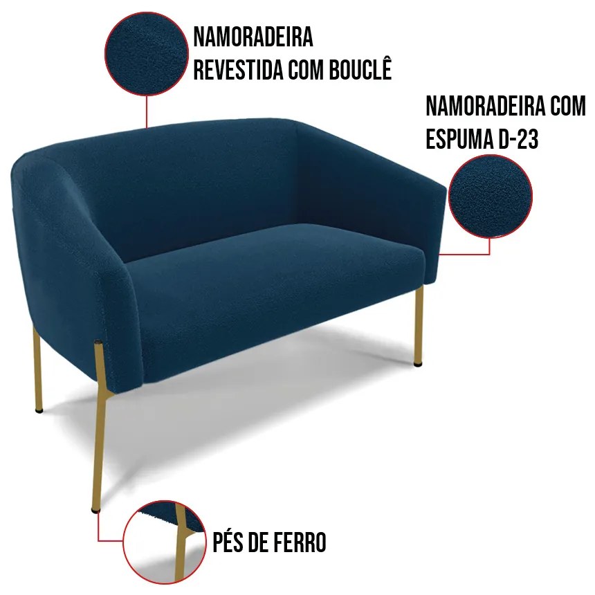 Sofá 2 Lugares Namoradeira Pé de Ferro Dourado Stella Bouclê D03 - D'Rossi - Azul