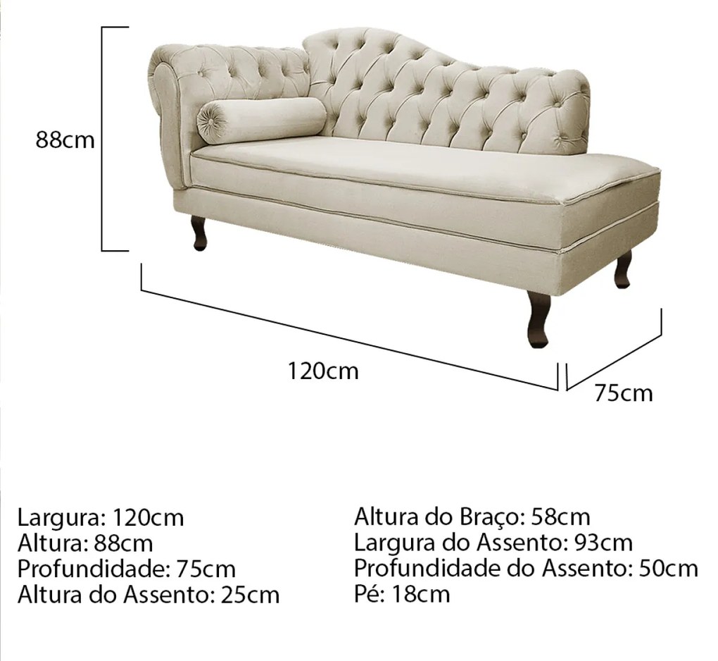 Divã Recamier Diana Lado Direito 120 cm Linho - ADJ Decor