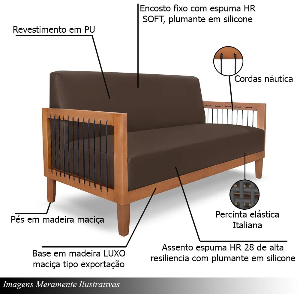 Conjunto Sofá Namoradeira e Poltrona Sala de Estar Pés Madeira Maciça Corda Náutica Preta Manila PU Marrom G63 - Gran Belo