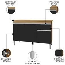 Balcão de Cozinha Com Tampo 120cm 1 Gaveta Tatiane Amêndoa/Preto - AJL