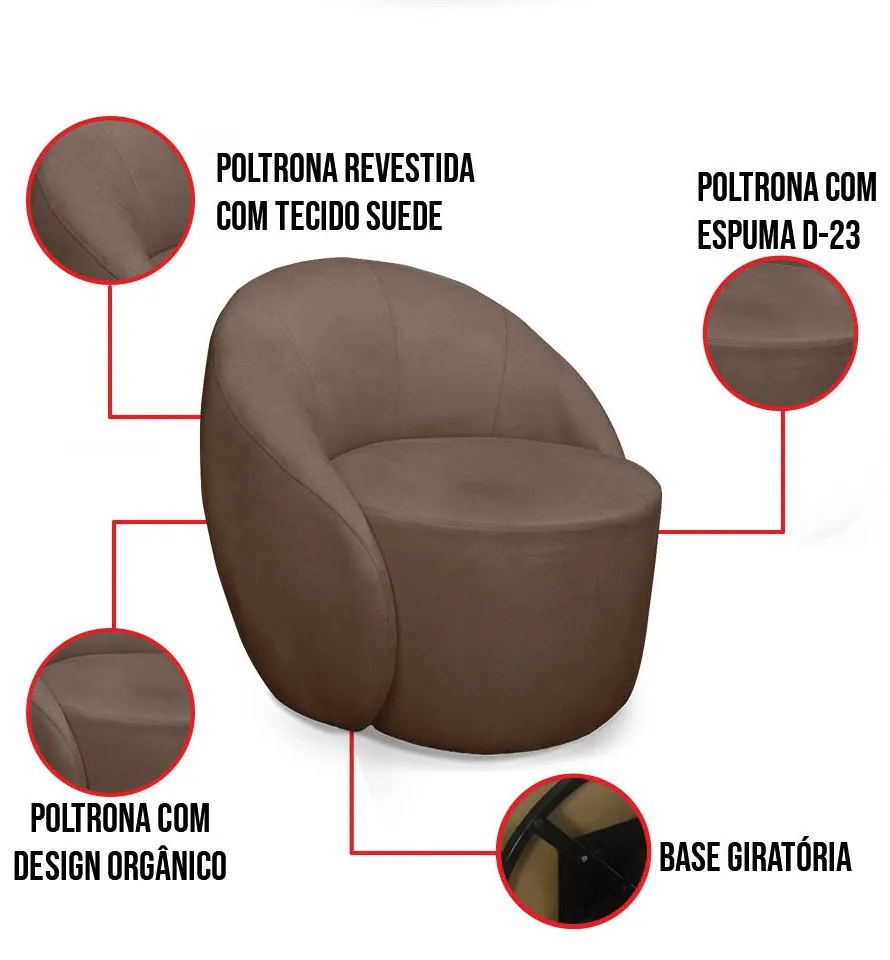 Poltrona Decorativa Orgânica Giratória Lua Suede Marrom D03 - D'Rossi