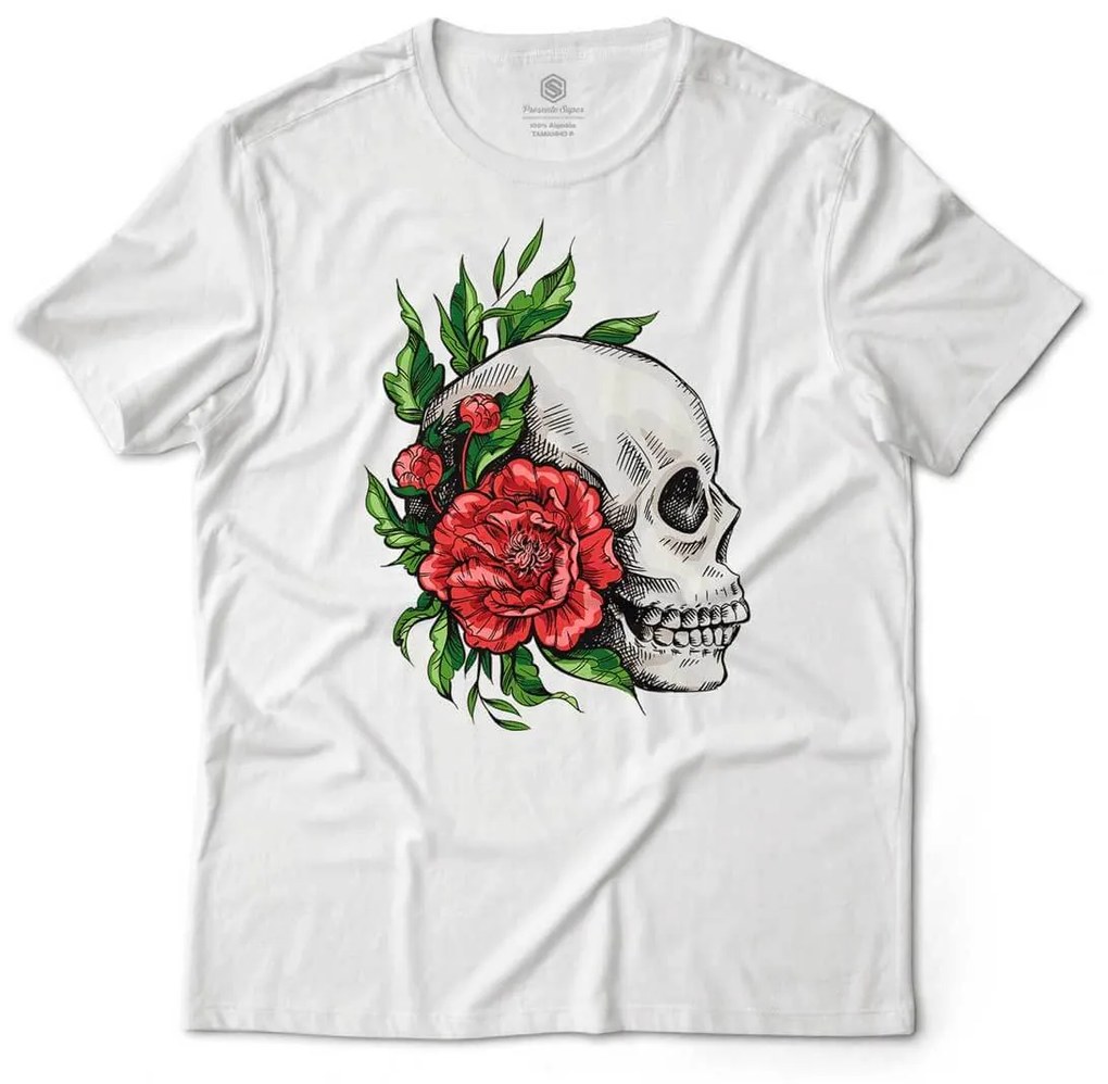 Camiseta Unissex Caveira e Rosas Vermelhas - Cinza Chumbo - M