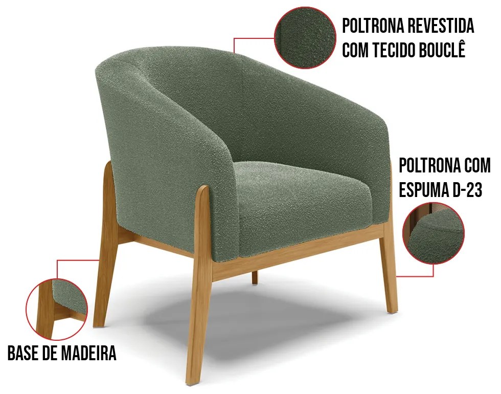 Poltrona e Puff Decorativo Base Madeira Stella Bouclê Verde Pistache P01 - D'Rossi