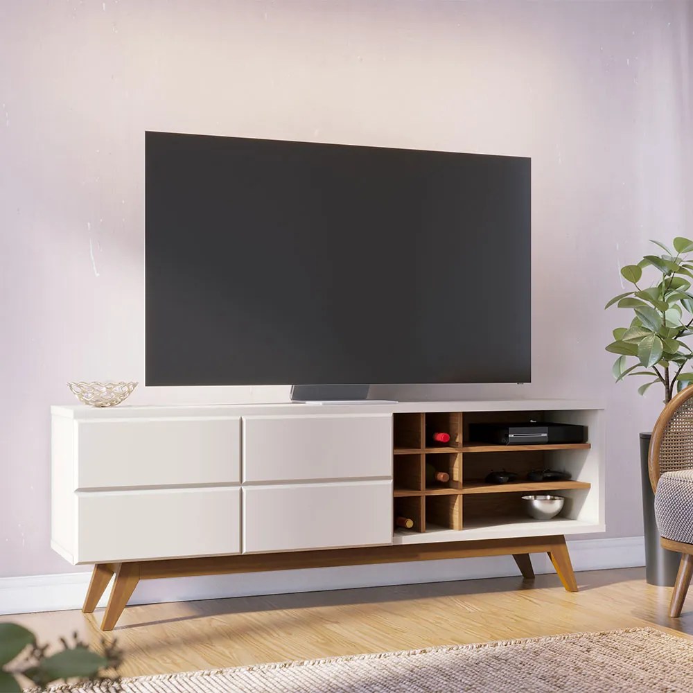 Rack para Sala Bancada de TV 70 Pol 180cm Cinthia C04 - D'Rossi - Off White Matte e Freijó
