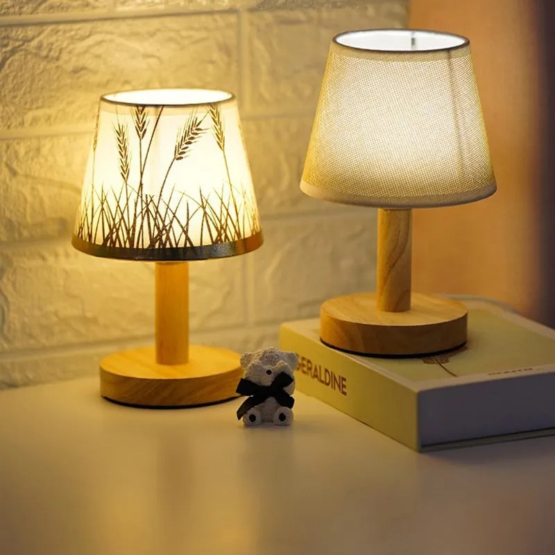 Abajur Lâmpada de cama led base madeira maciça decoração proteção para os olhos curto sono mesa luz estilo nórdico trigo forma sala leitura - Linho Bege - Branco Quente Regulável | Plugue usb