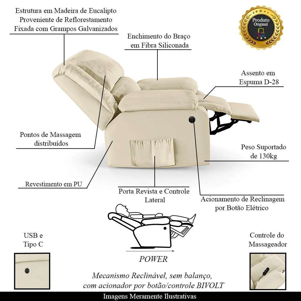 Poltrona do Papai Reclinável Melim Power Elétrica Massagem PU Bege FH1 - D'Rossi