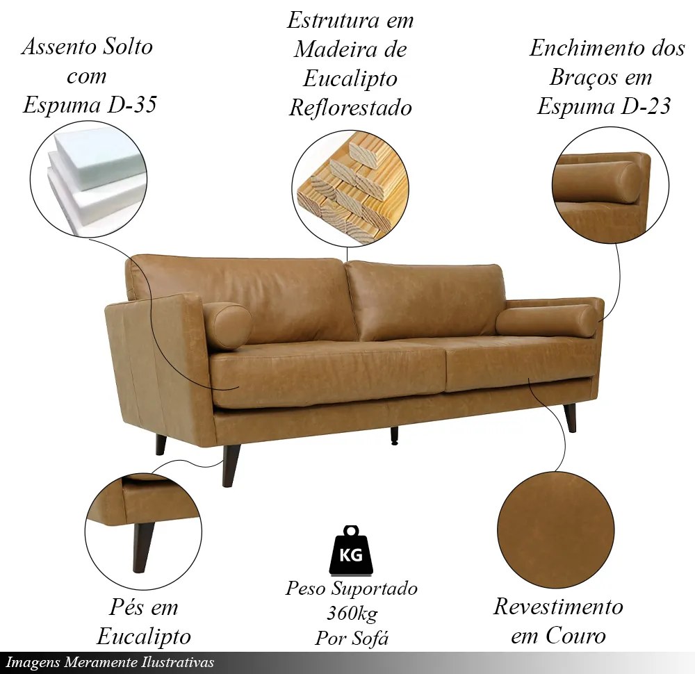 Sofá Decorativo Daemon 3 Lugares Sala de estar 212cm Pés em Eucalipto Couro Caramelo Manchado G40 - Gran Belo