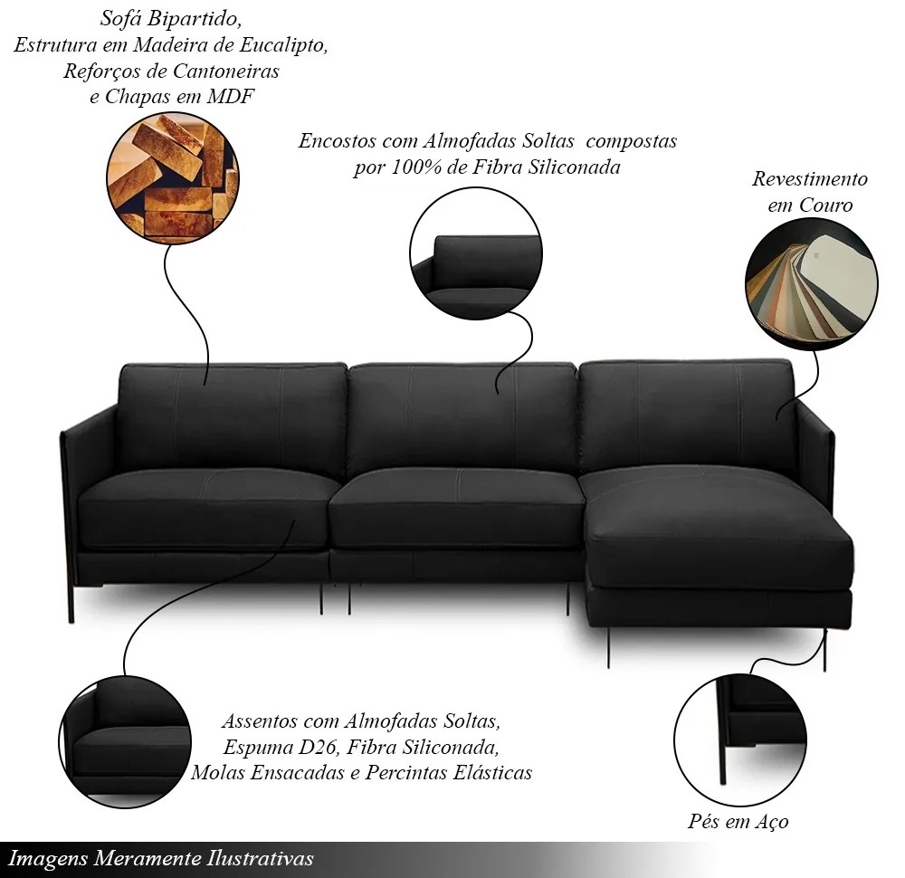 Sofá Decorativo Karine 5 Lugares Sala de estar 300cm com Chaise Pés em Aço Couro Preto G88 - Gran Belo