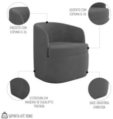 Kit 2 Poltronas Giratória Decorativa para Sala Dandara Z08 Veludo Cinz