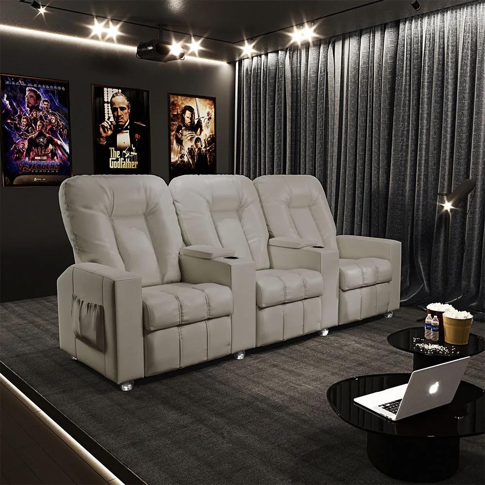 Poltrona Reclinável 3 lugares para Sala de Cinema Pequim PU Bege G23 - Gran Belo