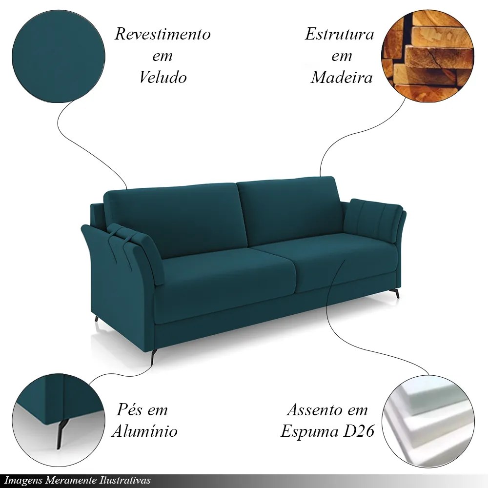 Sofá Decorativo Violet 3 Lugares 223cm Pés em Alumínio Preto Veludo Azul Marinho G45 - Gran Belo