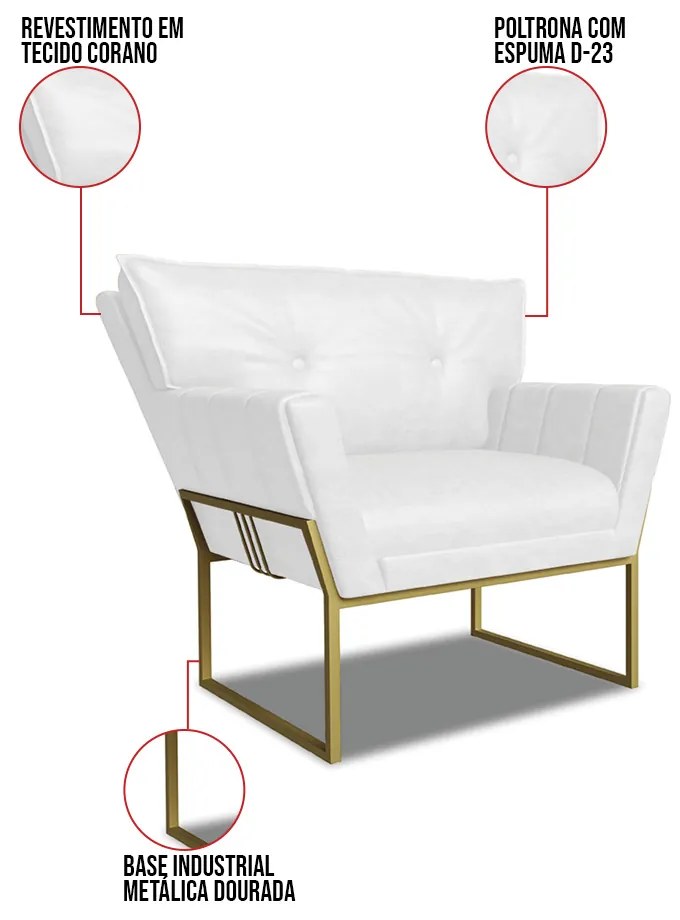 Poltrona Sala Industrial Dourado Kit 2 Anitta Sintético PU D03 - D'Rossi - Branco