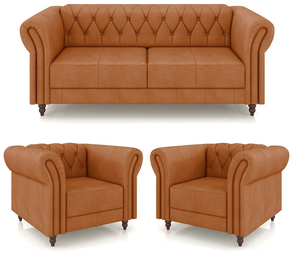 Conjunto Sala de Estar 1 Sofá Living 180cm e 2 Poltronas Stanford Chesterfield Pés Madeira Couro Terracota G58 - Gran Belo