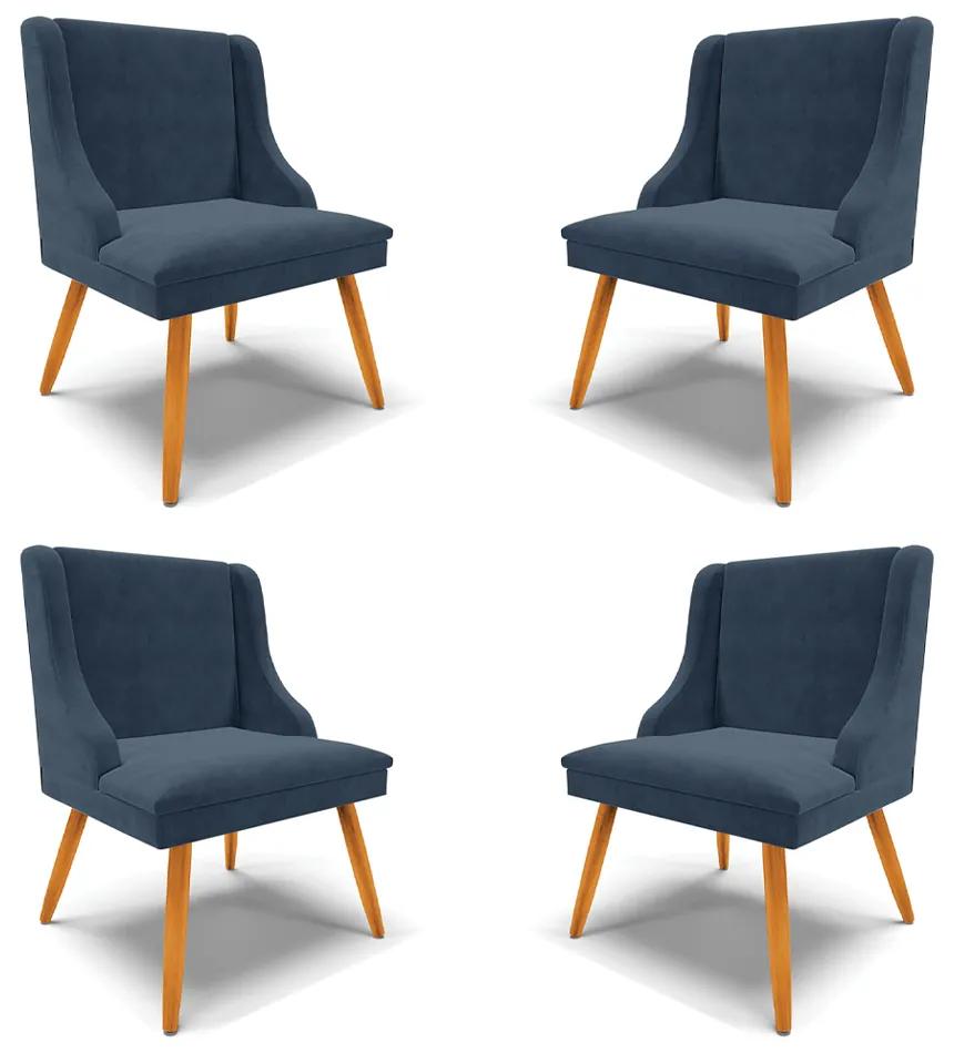 Kit 4 Cadeiras Decorativas Sala de Jantar Pés Palito de Madeira Firenze Suede Azul Marinho/Natural G19 - Gran Belo