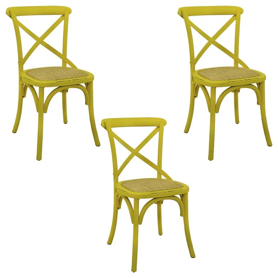 Kit 3 Cadeiras Decorativas Sala De Jantar Cozinha Danna Rattan Natural Amarela G56 - Gran Belo