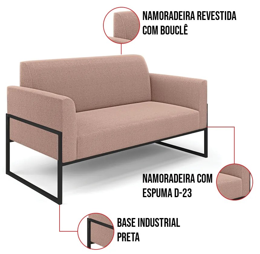 Sofá 2 Lugares Namoradeira Industrial Alta Preto Marisa Bouclê Rosê D03 - D'Rossi