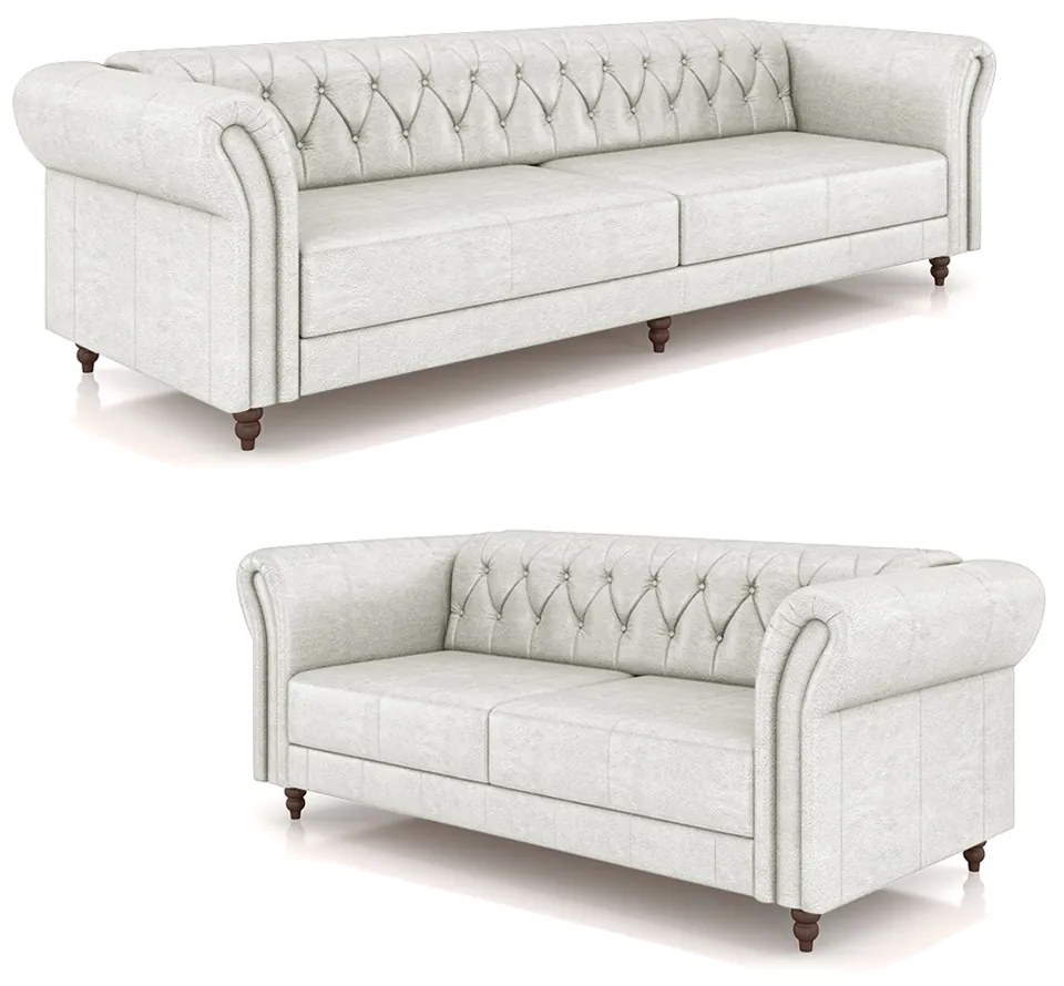 Conjunto de Sofá Sala de Estar Stanford Chesterfield 2 e 3 Lugares 200cm/260cm Pés Madeira Couro Branco Manchado G58 - Gran Belo