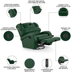 Poltrona do Papai Reclinável Kalie Glider Giratória Massagem FH9 PU Ve