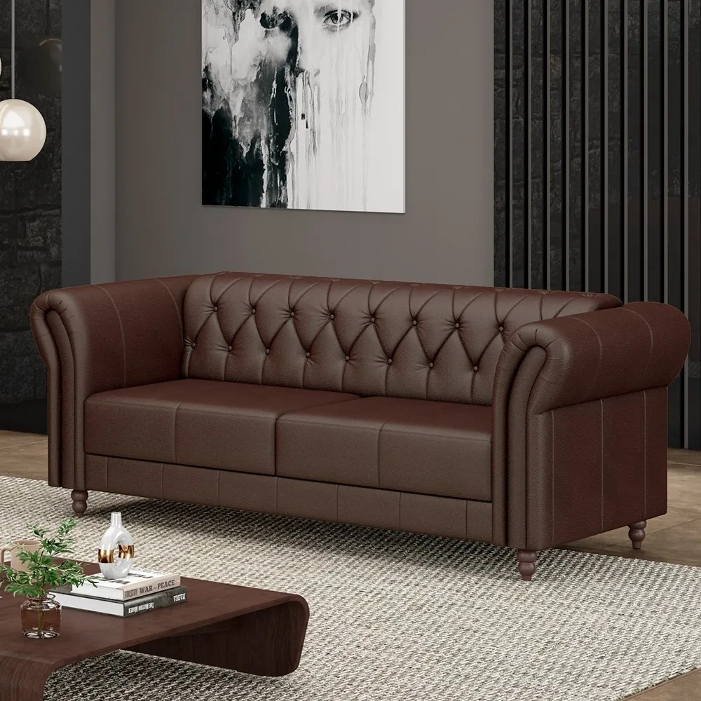 Sofá Living Sala de Estar Stanford Chesterfield 2 Lugares 200cm Pés de Madeira Couro Marrom Brilho G58 - Gran Belo