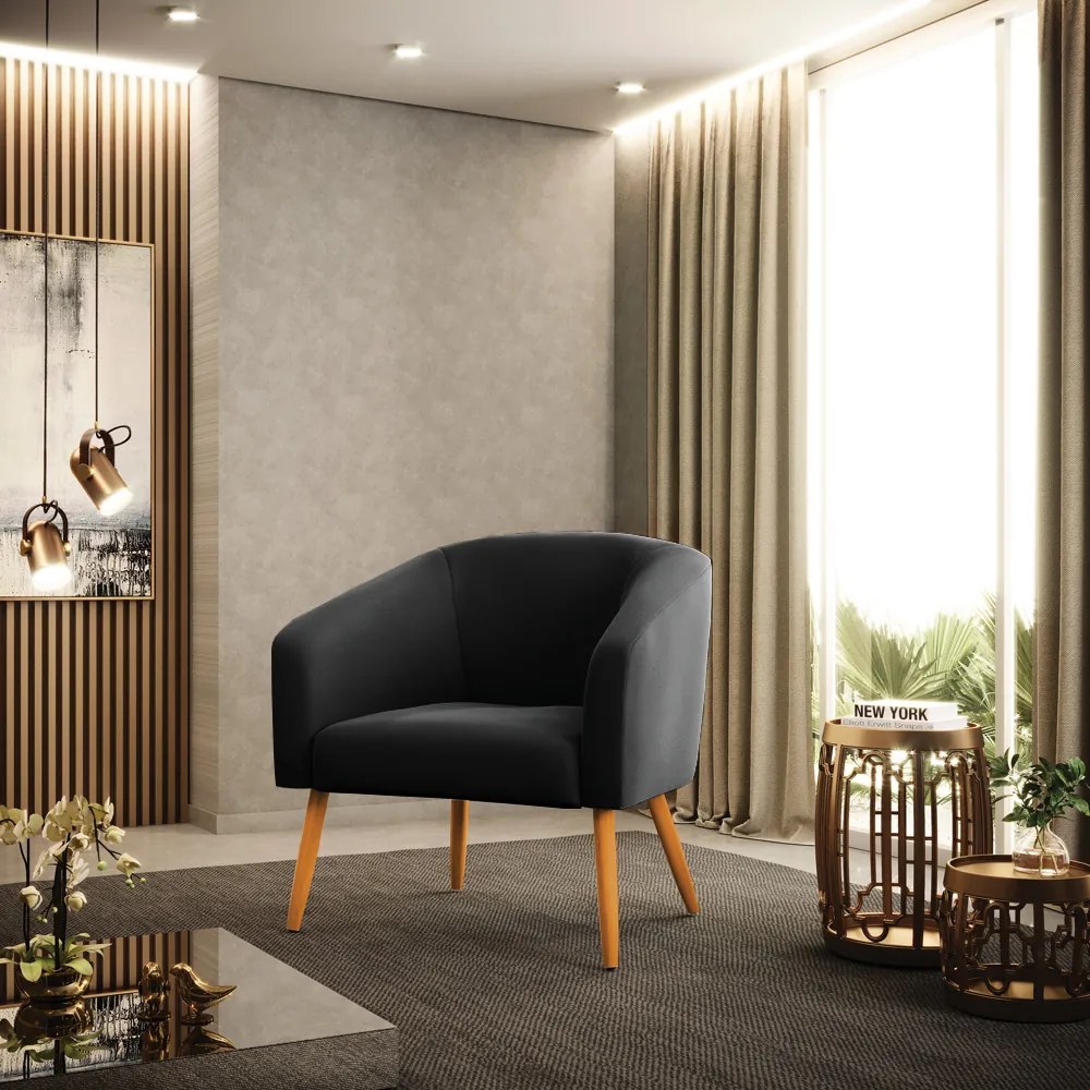 Poltrona Decorativa Pé Palito Castanho kit 2 Stella Suede D03 - D'Rossi - Preto
