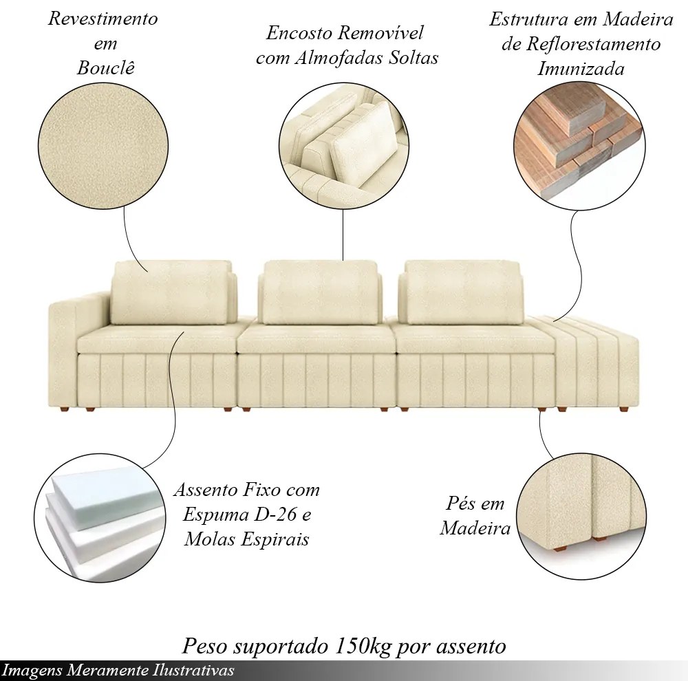 Sofá Ilha com Encosto e Almofadas Móveis Olimpo 395cm Modulado Bouclê Off White G45 - Gran Belo