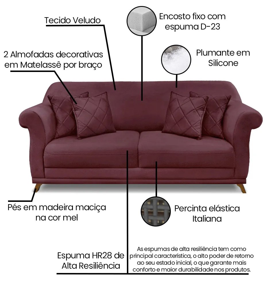 Sofá 3 Lugares Pé de Madeira Julieta 200 cm Veludo Vinho S04 - D'Rossi