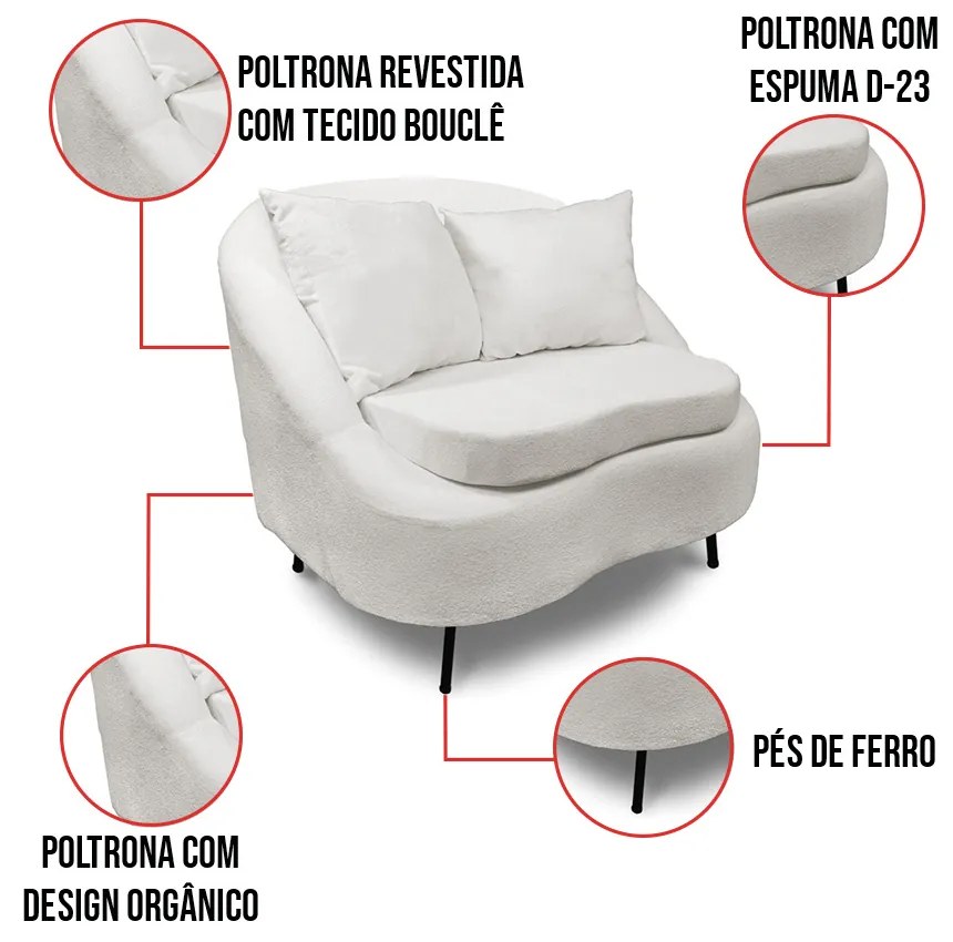 Poltrona Decorativa Orgânica Pé Ferro Preto Zaya Bouclê C05 - D'Rossi - White