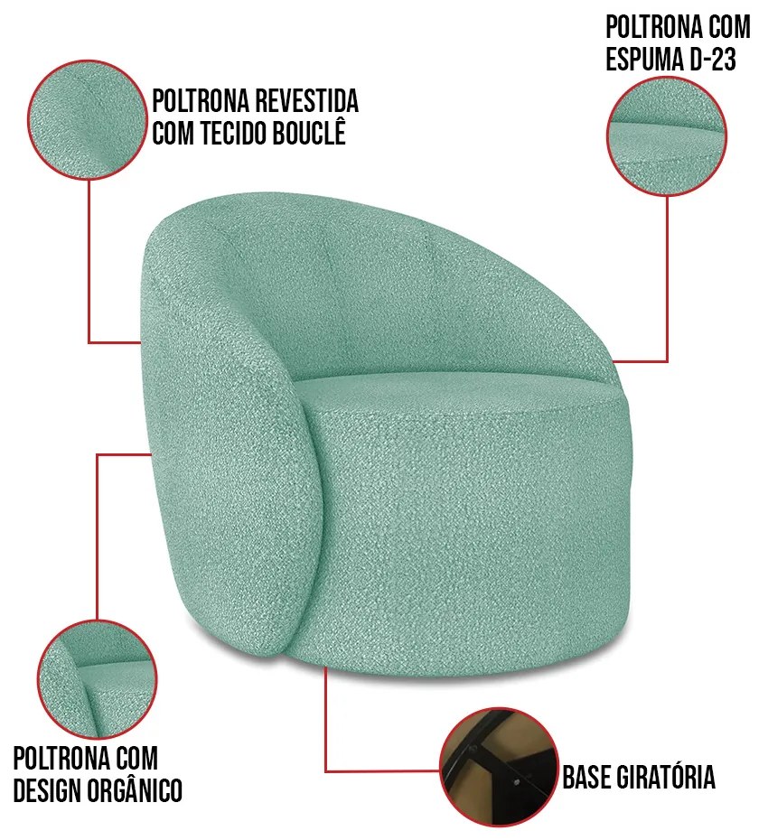 Sofá 4 Lugares Orgânico 220cm Morgan e 2 Poltronas Lua Bouclê D03 - D'Rossi - Verde Menta