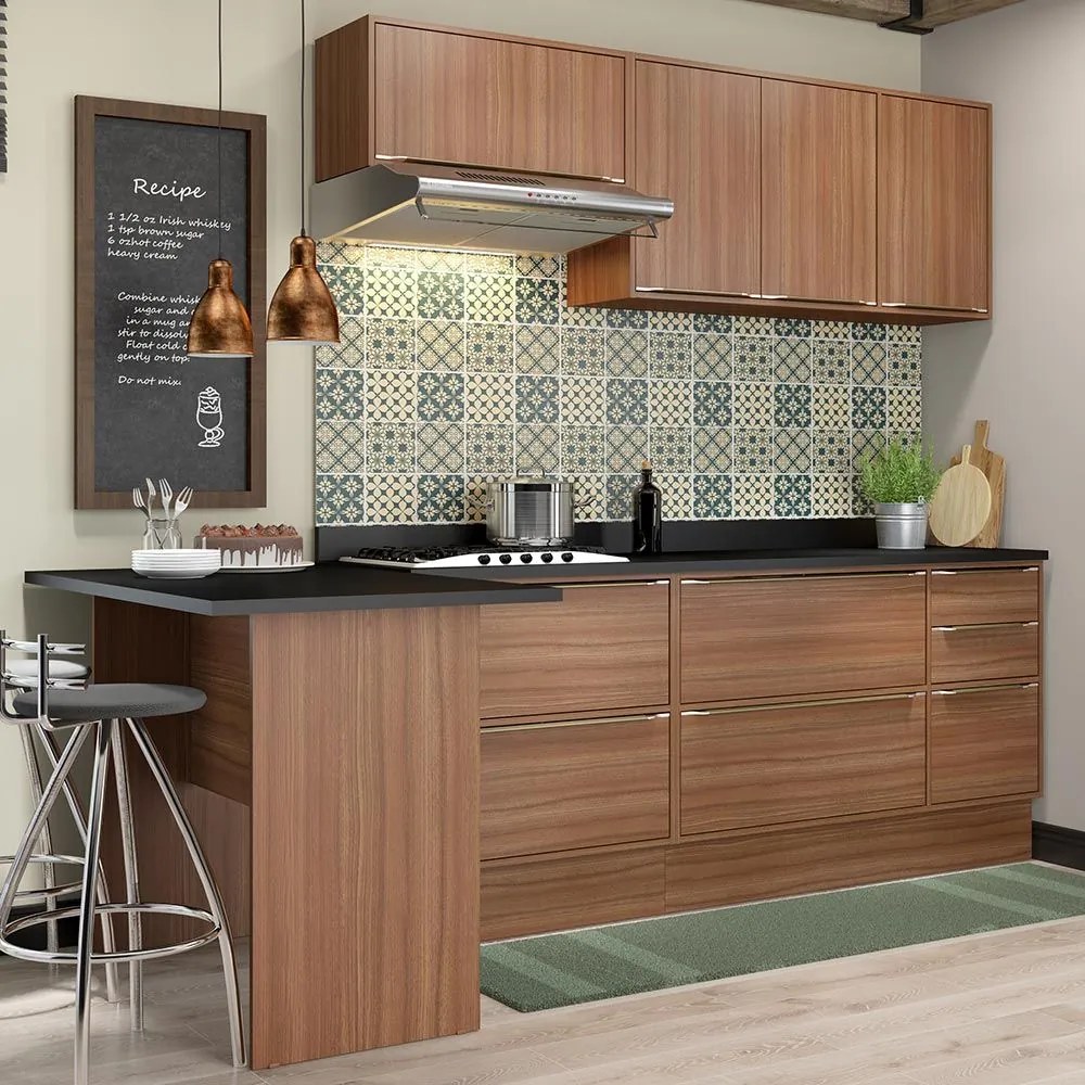 Cozinha Compacta 7 Portas Com Tampo e Rodape 5455r Nogueira/Malt - Multimóveis