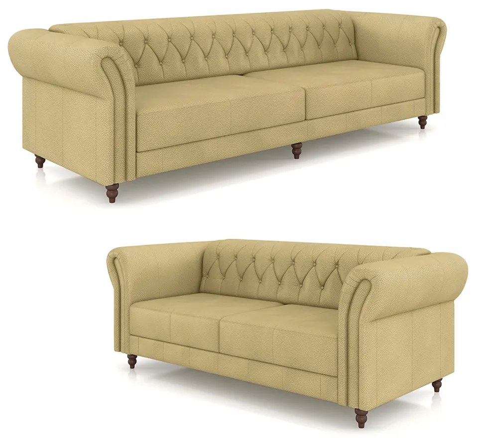 Conjunto de Sofá Sala de Estar Stanford Chesterfield 2 e 3 Lugares 200cm/260cm Pés Madeira Couro Bege G58 - Gran Belo