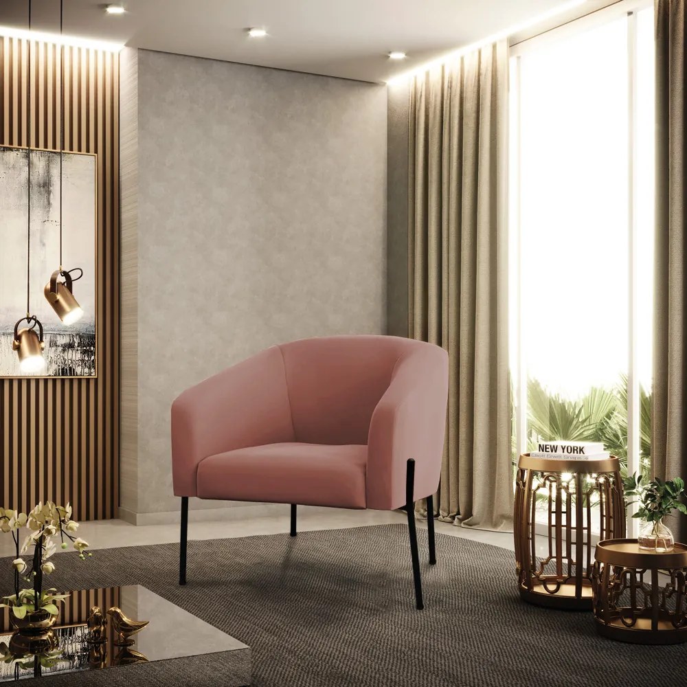 Poltrona Decorativa Pé de Ferro Preto Stella Suede Veludo D03 - D'Rossi - Rose